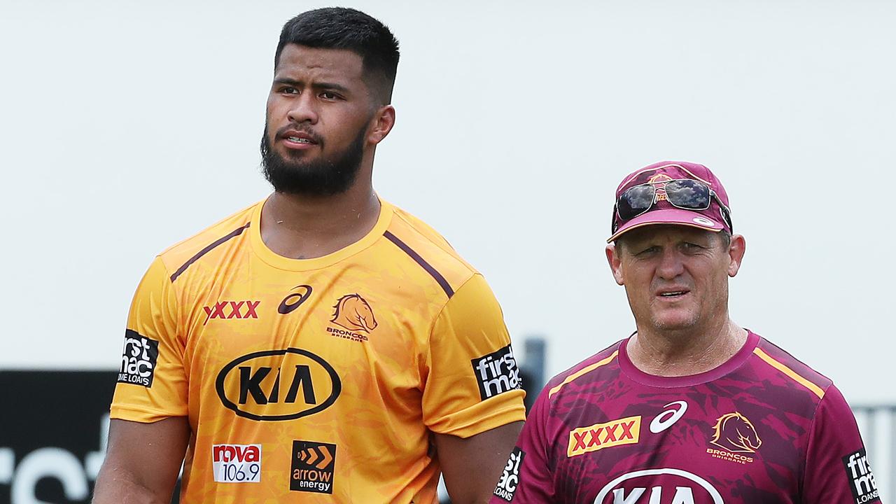 Payne Haas with coach Kevin Walters after training with the team, Brisbane Broncos training, Red Hill. Photographer: Liam Kidston.
