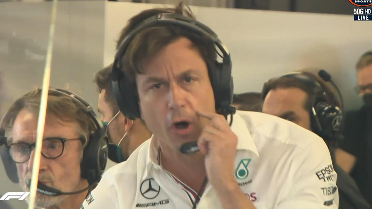 Toto Wolff reacts angrily to the last-lap call by Michael Masi.