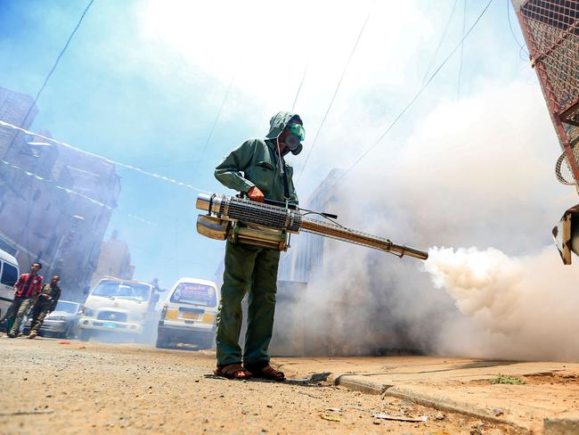 A government worker that is part of a combined taskforce tackling COVID-19 coronavirus fumigates a neighbourhood as part of safety precautions, in Yemen's capital Sanaa. Picture: AFP