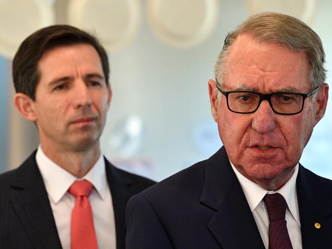 Businessman David Gonski and Minister for Education Simon Birmingham at Ermington West Public School in Sydney, Monday, April 30, 2018. (AAP Image/Mick Tsikas) NO ARCHIVING