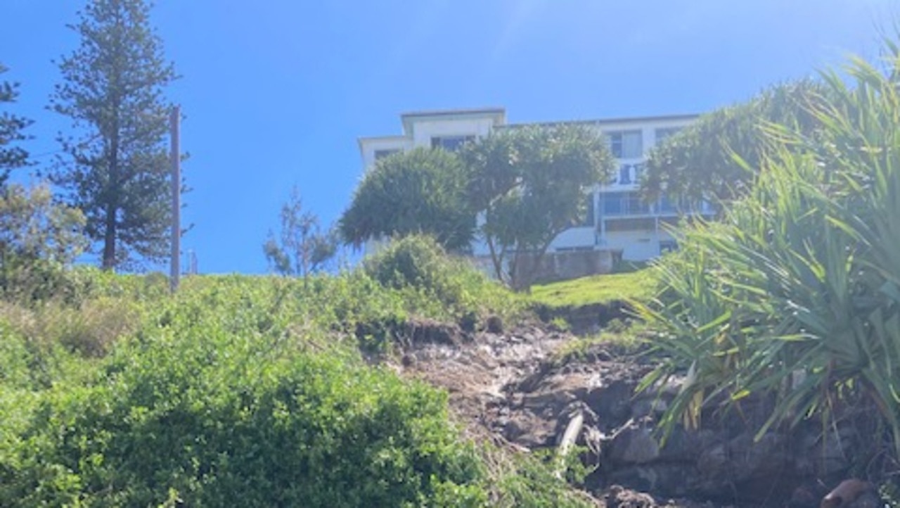 The Red Alert landslide at Pilots Hill, Yamba, has an exposed storm water pipe, which will cause problems if further rains hit.