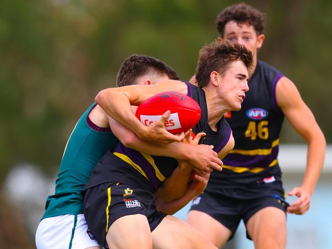 MELBOURNE, AUSTRALIA - MARCH 23: Game action during the 2024 Coates Talent League Boys U18 Round 1 match between the Murray Bushrangers and the Tasmania Devils at Highgate Recreation Reserve on March 23, 2024 in Melbourne, Australia. (Photo by Rob Lawson/AFL Photos)