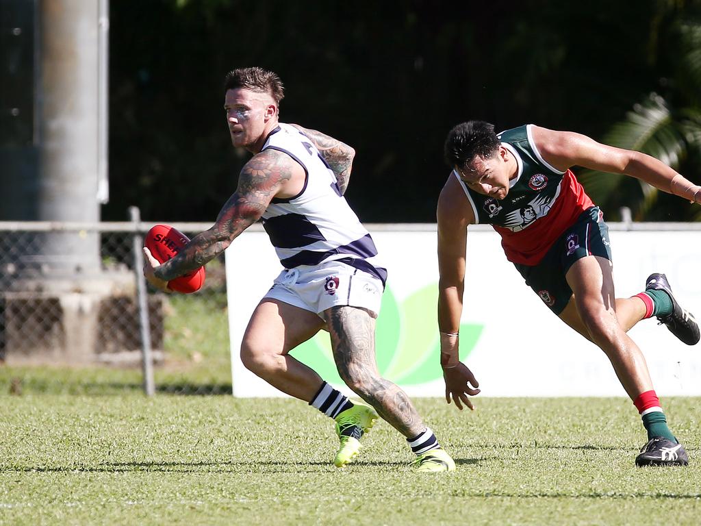 Crocs' Brandon Kilty controls the ball in the AFL Cairns Premiership men's match between the South Cairns Cutters and the Port Douglas Crocs, held at Fretwell Park, Bentley Park. Picture: Brendan Radke