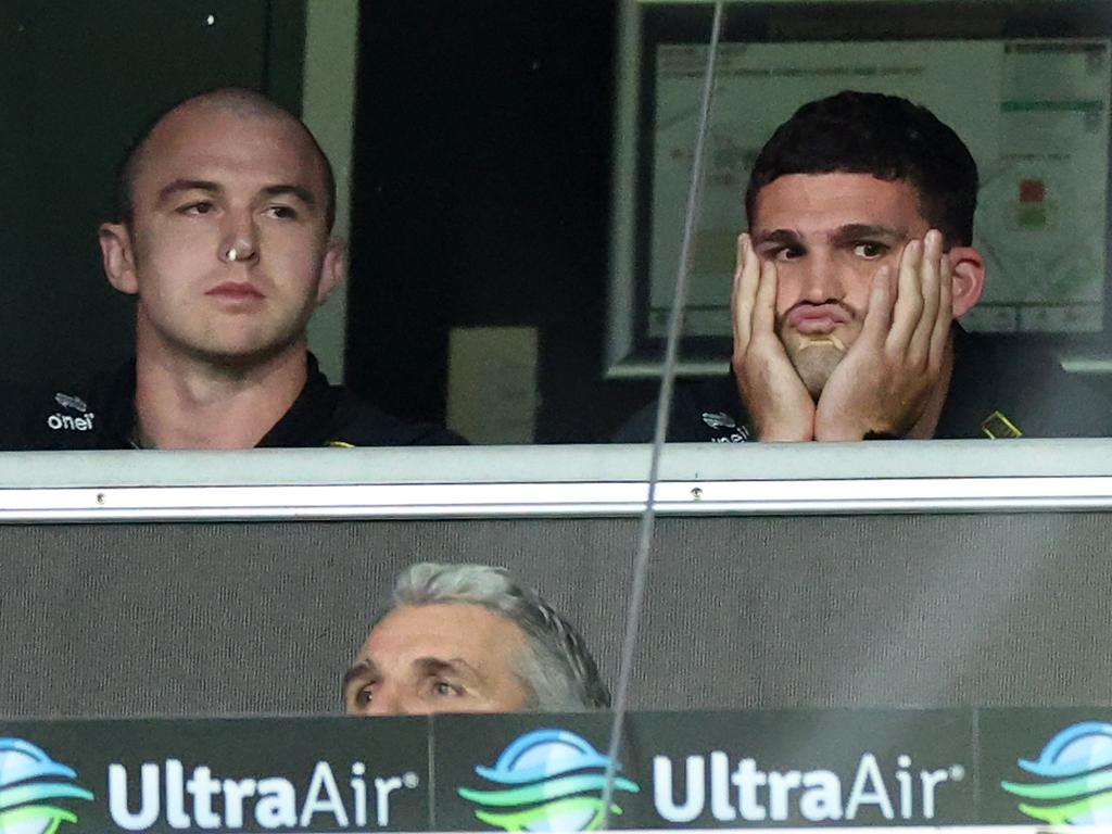 Injured stars Dylan Edwards and Nathan Cleary watch on. Picture: Cameron Spencer/Getty Images