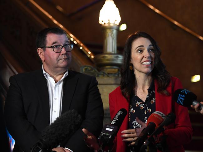 AUCKLAND, NEW ZEALAND - OCTOBER 15: New Zealand Prime Minister and Labour Party leader, Jacinda Ardern and Labour Party Finance Minister Grant Robertson speak to the media after watching Mary Poppins, The Musical on October 15, 2020 in Auckland, New Zealand. Mary Poppins, The Musical opens at The Civic in Auckland on Friday 16 October. Promoters say it will be the biggest theatre in the world to reopen since the COVID-19 pandemic forced the closure of the West End and Broadway.  Prime Minister and Labour leader Jacinda Ardern is campaigning in Auckland ahead of the 2020 New Zealand General Election which is being held on Saturday 17 October after a one month delay due to the coronavirus outbreak and subsequent lockdowns across New Zealand. (Photo by Hannah Peters/Getty Images)