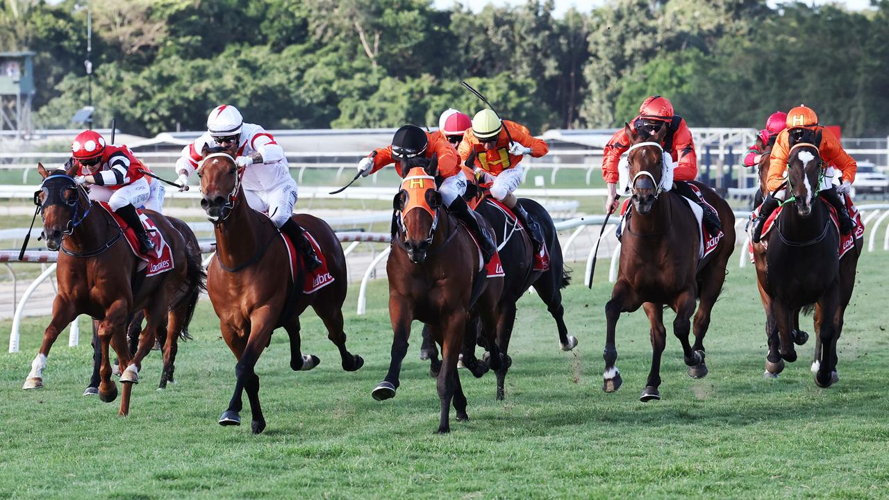 Prime Ruler (centre), ridden by jockey Sean Cormack, wins the Cairns Amateurs Sprint, held at the Cairns Jockey Club, Cannon Park. Picture: Brendan Radke