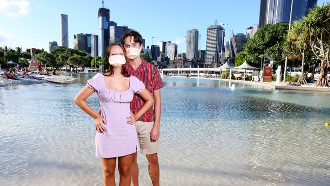 Oda Eikas and Zackary Loevseth at Southbank Beach in Brisbane. Picture: Steve Pohlner