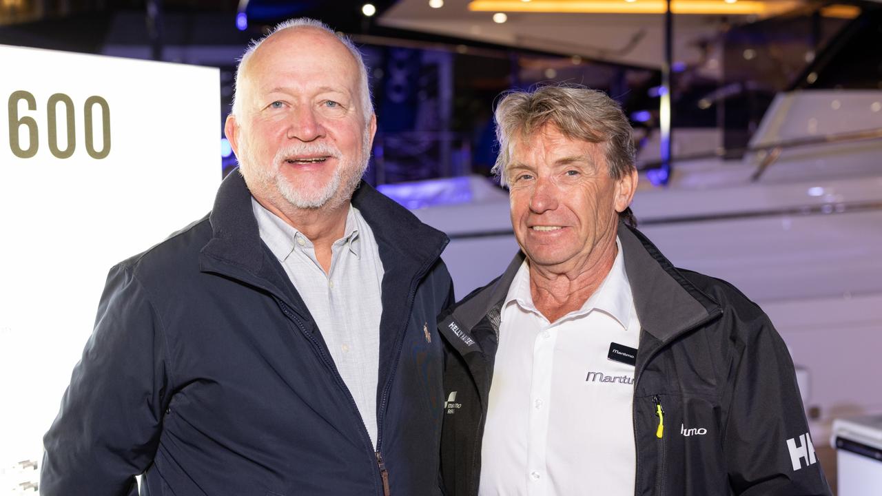 Rob Brown and Kym Fleet for The Pulse at Maritimo Luxury Yachts global launch of the S75 and M75 at the Sanctuary Cove International Boat Show 2023. Picture: Celeste Humphrey