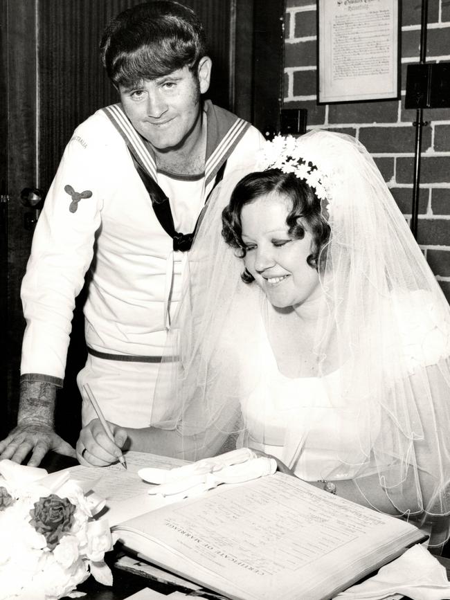 Ray on his wedding day in 1972 with wife, Pauline James. He sailed to Vietnam two weeks later. Picture: Supplied