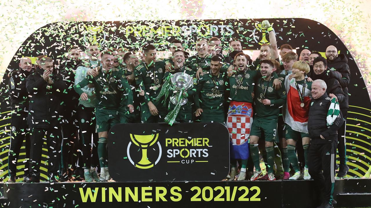Callum McGregor of Celtic lifts the Premier Sports Cup trophy. (Photo by Ian MacNicol/Getty Images)