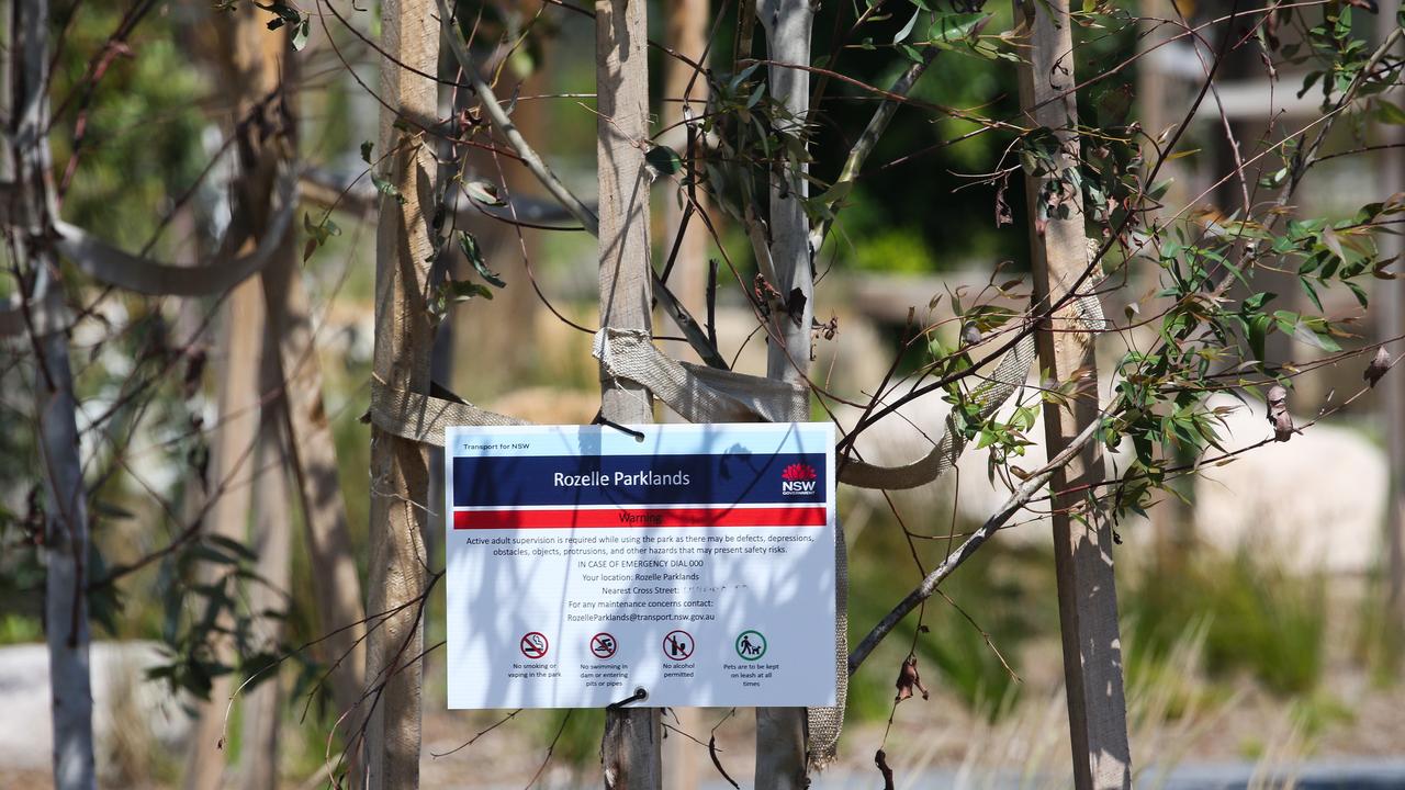 Signs and barricades are placed around Rozelle Parklands in Sydney for it’s closure after asbestos was found in mulch surrounding a playground. Photo by: NCA Newswire/ Gaye Gerard