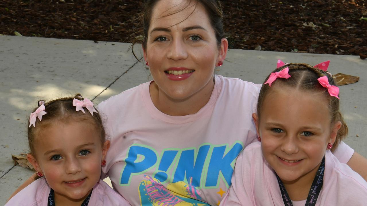 Socials at Pink convert at Townsville's Queensland Country Bank Stadium. Sinead Merypar with Ziggie, 5, and Evie, 7. Picture: Evan Morgan