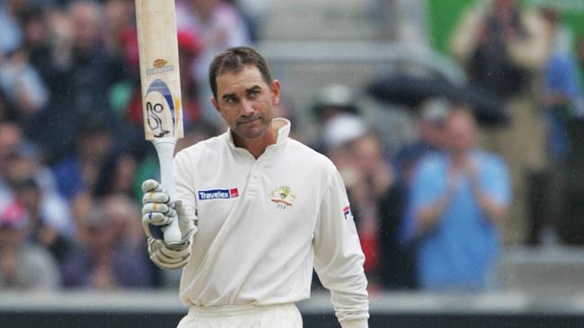 Justin Langer celebrates his century in the 2005 Ashes. Picture: Phil Hillyard.