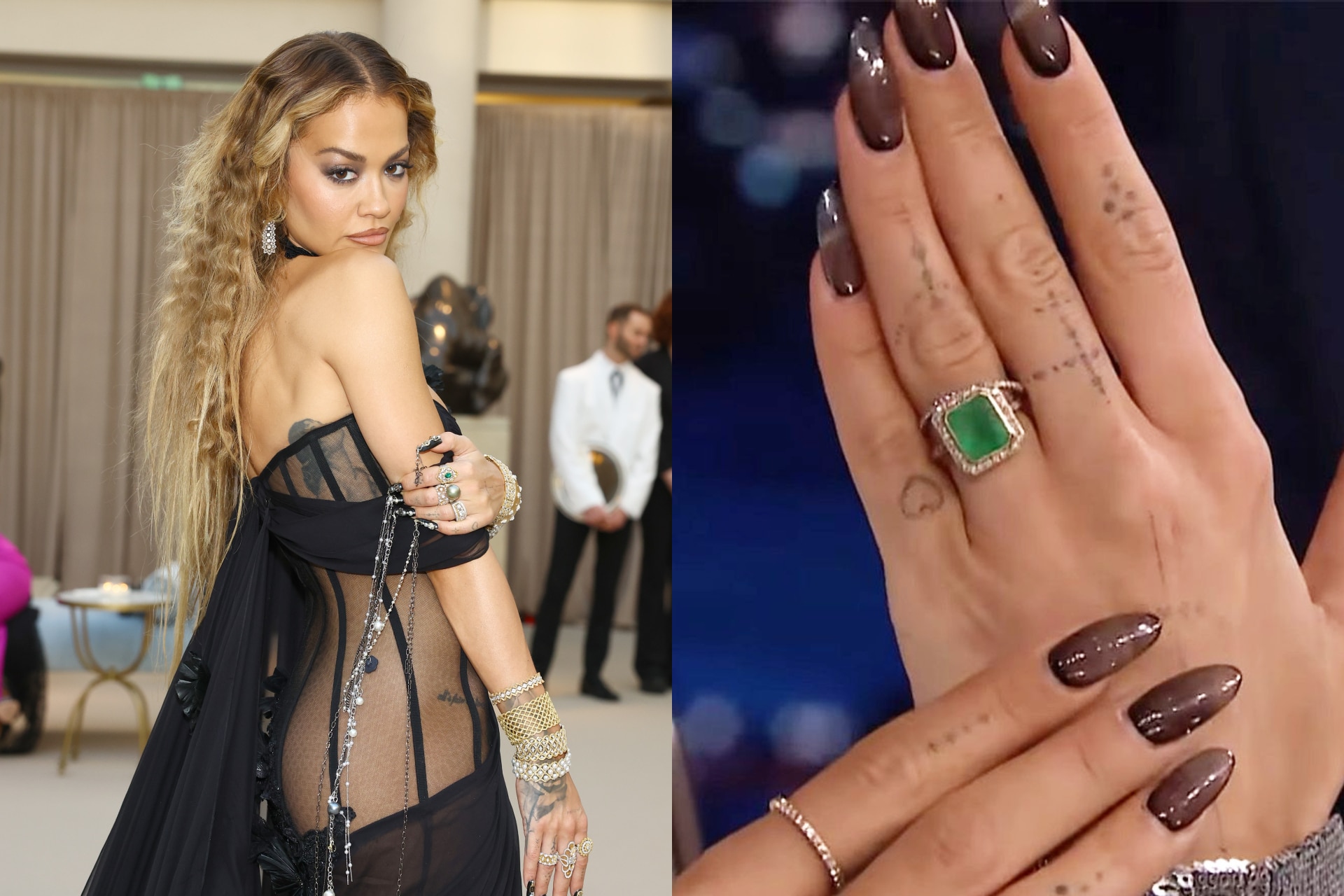 <h3><b>Rita Ora</b></h3><p>Rita Ora announced her engagement to Taika Waititi with a square-cut, 10-carat Colombian green emerald, set in a diamond halo and on a yellow gold band.</p>