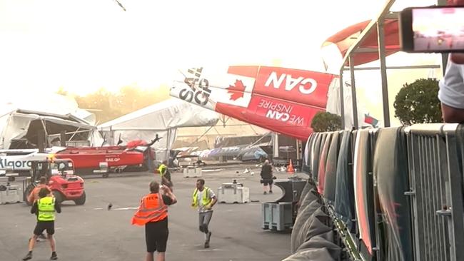 The sail of a Canadian catamaran was smashed up and sent flying around the SailGP site in Sydney during the storm smashing up marquees in its wake. Picture: Supplied