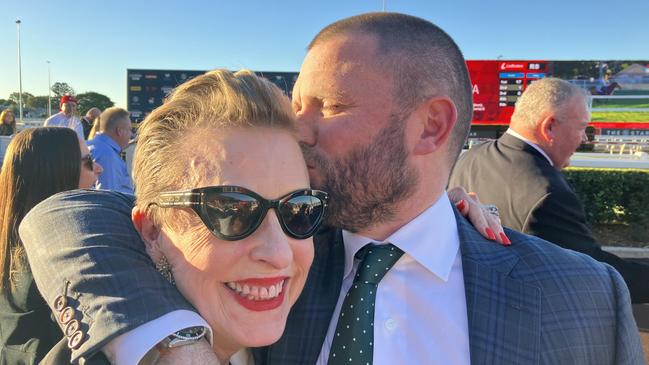 Mother and son team Lorilie and Mitch Cunningham after winning the Group 1 Stradbroke Handicap with Stefi Magnetica. Picture: Ben Dorries