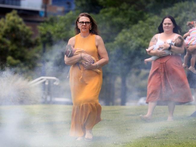 Kylie Chapman with baby Jahvaarn during Welcome Baby to Country ceremony at Gold Coast University Hospital Parklands Photo: Scott Powick