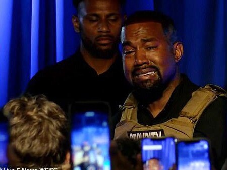 Kanye West in tears at his first rally. Picture: Supplied