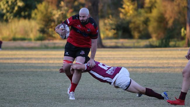 Gold Coast District Rugby Union (GCDRU) clash between No.1 Griffith Uni Colleges Knights (Red/Black) and No.3 Nerang Bulls (Maroon) at Pappas Way Nerang. Kerrod Martorella. Pic Mike Batterham