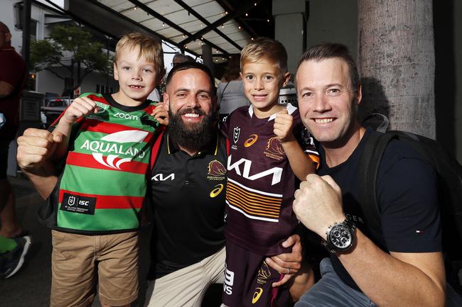 Kobe Richardson, 6, John Mellors, Henry Mellors, 6, and Joel Richardson pictured at the Broncos v Rabbitohs, round 1, on Caxton Street, Brisbane 11th of March 2022. This is the first game for the BroncosÃ• season.