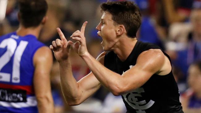 Sam Walsh celebrates a goal during Carlton’s victory over Western Bulldogs.