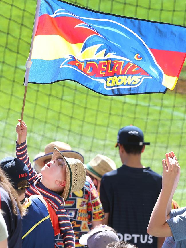 Louis Schulze, 4, waves his flag for the Crows. Picture: Dean Martin