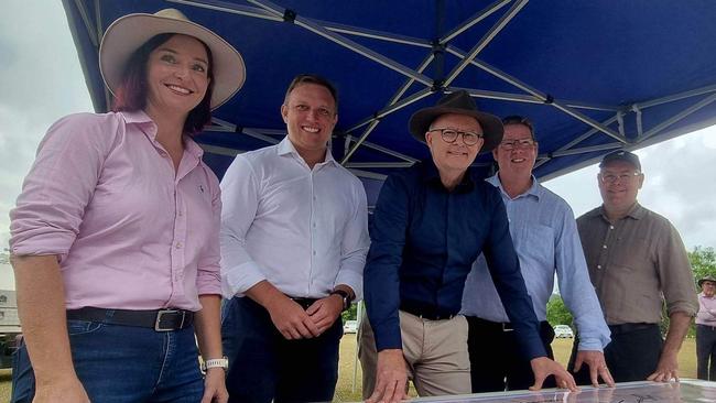 Keppel MP Brittany Lauga, Acting Premier Steven Miles, Prime Minister Anthony Albanese, Rockhampton MP Barry O'Rourke and Senator Murray Watt look over plans for the Rockhampton Ring Road. Photo: Kentos Komms