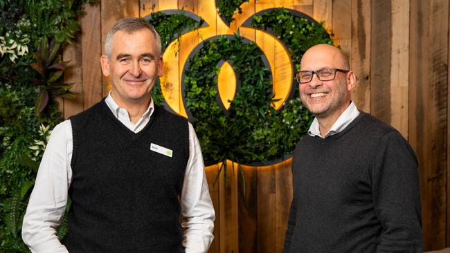 Brad Banducci, left, and Paul Monnington, launch Woolworths’ Wpay system.