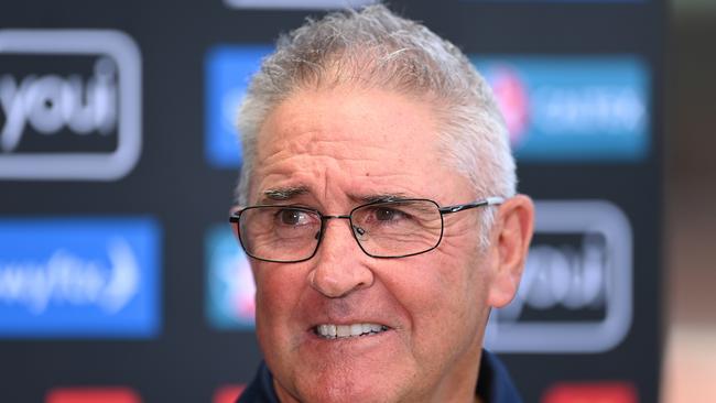 BRISBANE, AUSTRALIA - DECEMBER 05: Head coach Chris Fagan speaks to the media during a Brisbane Lions AFL training session at Brighton Homes Arena on December 05, 2022 in Brisbane, Australia. (Photo by Albert Perez/Getty Images)