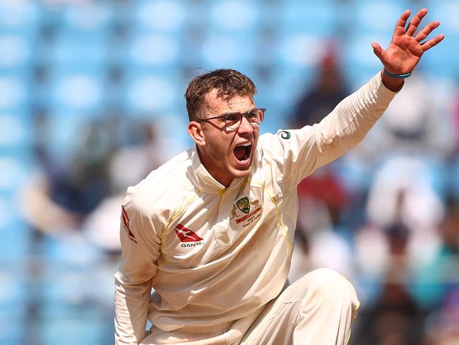 NAGPUR, INDIA - FEBRUARY 10: Todd Murphy of Australia appeals unsuccessfully for the wicket of Ravindra Jadeja of India during day two of the First Test match in the series between India and Australia at Vidarbha Cricket Association Ground on February 10, 2023 in Nagpur, India. (Photo by Robert Cianflone/Getty Images)