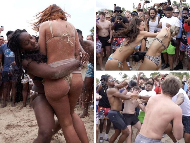 Wild bikini brawls filmed on beach. Picture: Romain Maurice/MEGA