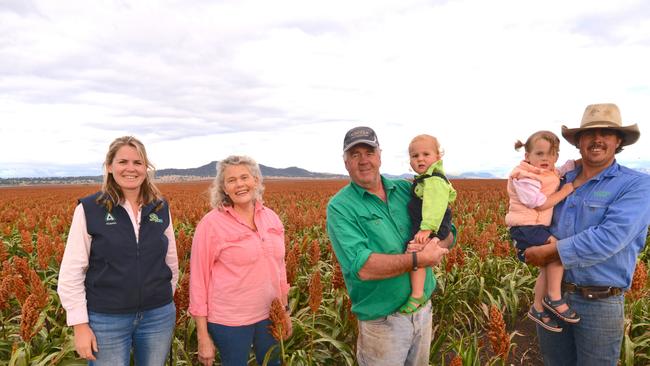 Fiona Simson with her husband, Ed. son Tom, daughter-in-law Georgina, and grandchildren Flossie, 3, and Wal, 18 months, on her family's property at Premer on NSW's Liverpool Plains. Picture: John Elliott