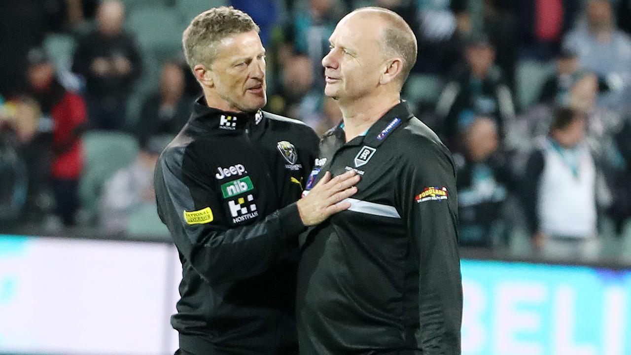 AFL - Friday, 16th October, 2020 - Preliminary Final - Port Adelaide v Richmond at the Adelaide Oval. Richmond coach Damien Hardwick and Port Adelaide coach Ken Hinkley after the match Picture: Sarah Reed