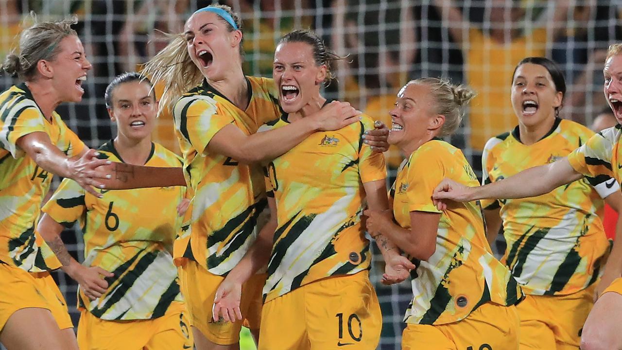 The Matildas celebrating Emily van Egmond’s goal during the Olympic Football Tournament Qualifier between Australia and China PR at Bankwest Stadium in February 2020.