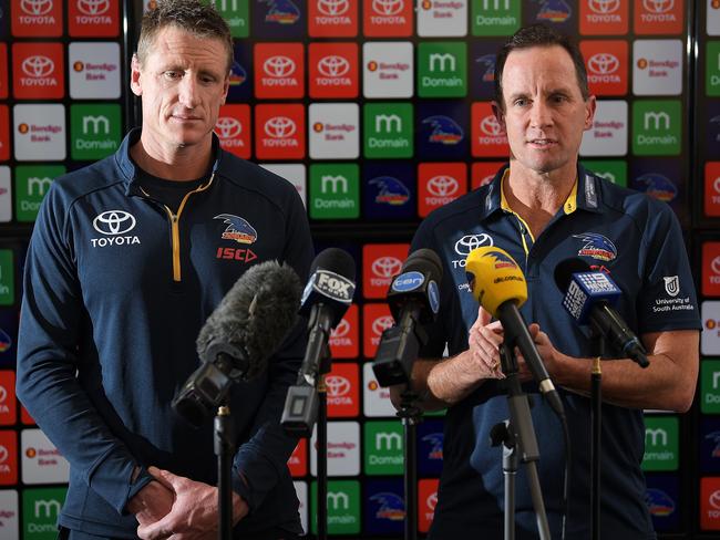 Adelaide Crows football manager Brett Burton and coach Don Pyke.