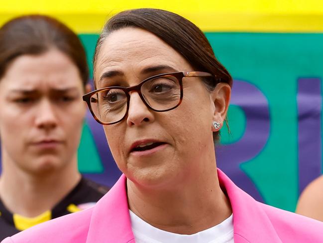 MELBOURNE, AUSTRALIA - NOVEMBER 01: Nicole Livingstone, General Manager - Women's Football of the AFL speaks to the media during the launch of the 2023 NAB AFLW Pride Round at Ikon Park on November 01, 2023 in Melbourne, Australia. (Photo by Dylan Burns/AFL Photos via Getty Images)