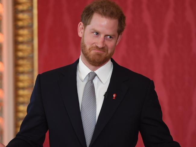 TBritain's Prince Harry, Duke of Sussex gestures during the draw for the Rugby League World Cup 2021 at Buckingham Palace in London. Picture: AFP