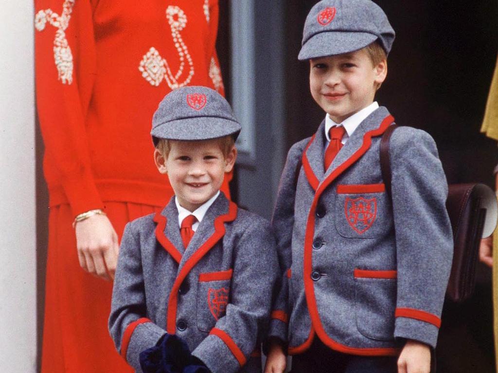 Baron Kilkeel Earl and Baron Carrickfergus aka Prince Harry and Prince William on Harry’s first day of school. Picture: Tim Graham/Getty Images