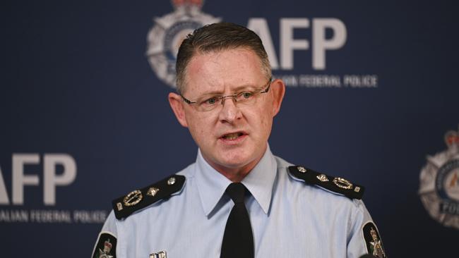 AFP Assistant Commissioner Nigel Ryan addresses media in Canberra about the arrest of Comanchero bikie boss Mark Buddle who is facing charges under Operation Ironside. Picture: NCA NewsWire / Martin Ollman