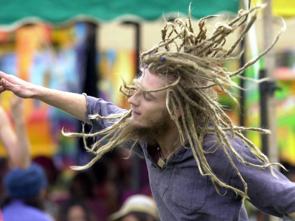 PIRATE: MAY 11, 2003: Dan Smith of Nimbin dances as old hippies and young crusties converge at Tha Channon for a 30th anniversary of the Aquarius Festival near Nimbin NSW 11/05/03. pic Lyndon Mechielsen. People / Hippy / Feral / Crusty