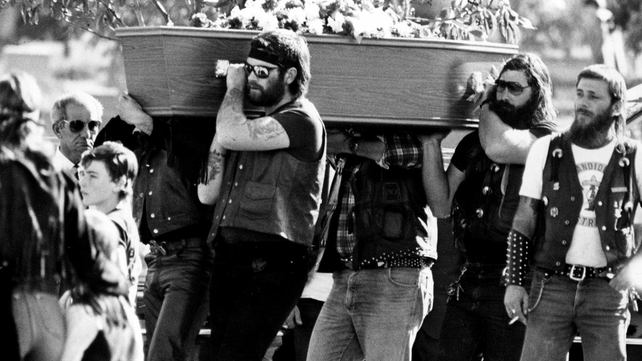 Bandidos members acts as pallbearers at the funeral of two of their own at Rookwood Cemetery in Sydney September 7, 1984.