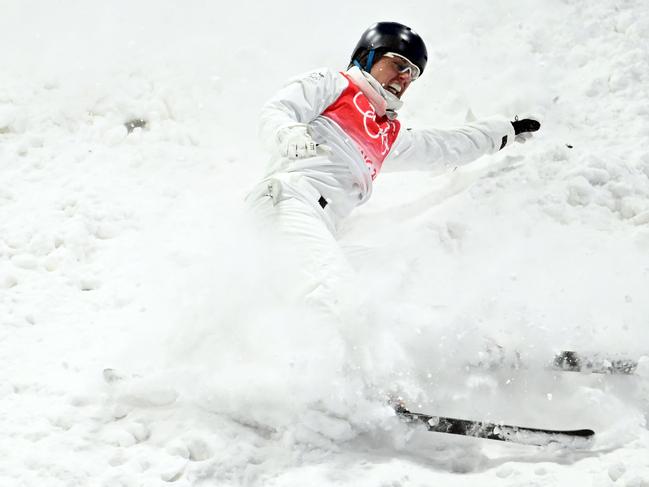 Laura Peel fell on her first jump. Picture: AFP