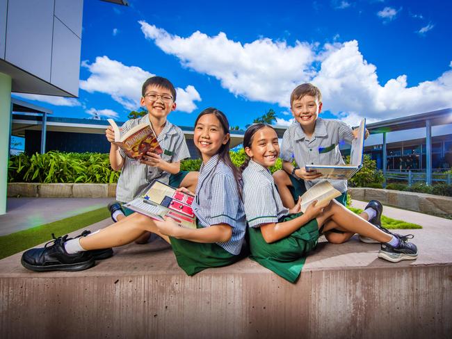 Sunnybank Hills State School Year 5 students Bryan Zheng, Alanna Lo, Sana Latona and Thomas Reid were top performers in Queensland for NAPLAN results. Picture: Nigel Hallett