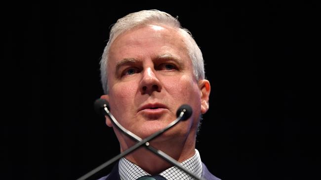 National Party of Australia leader and Deputy Prime Minister Michael McCormack is seen speaking at the Queensland LNP (Liberal National Party) state convention at the Royal International Convention Centre in Brisbane, Saturday, July 7, 2018. (AAP Image/Darren England) NO ARCHIVING