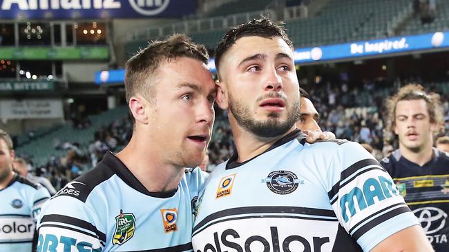 SYDNEY, AUSTRALIA — SEPTEMBER 10: James Maloney of the Sharks and Jack Bird of the Sharks look dejected at full-time during the NRL Elimination Final match between the Cronulla Sharks and the North Queensland Cowboys at Allianz Stadium on September 10, 2017 in Sydney, Australia. (Photo by Matt King/Getty Images)