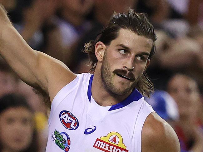 AFL Round 3.   02/04/2021.  North Melbourne vs Western Bulldogs at Marvel Stadium, Melbourne.   Bulldog Josh Bruce celebrates his 6th goal of the day in the third quarter  . Pic: Michael Klein