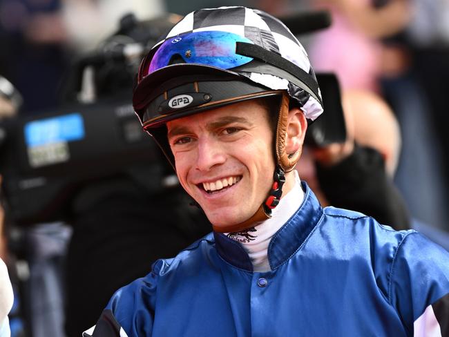 MELBOURNE, AUSTRALIA - MARCH 23: Thomas Stockdale after riding Vibrant Sun to win Race 6, the Dynamic Print Group Alexandra Stakes, during Melbourne Racing at Moonee Valley Racecourse on March 23, 2024 in Melbourne, Australia. (Photo by Vince Caligiuri/Getty Images)