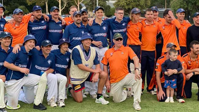 Walkerville and Northern District cricket clubs, as well as Bernie Vince and Andrew Jarman (front, centre) pulled together for gun player Tyson Bray (back, middle) on Friday night. Picture: Supplied, Walkerville CC