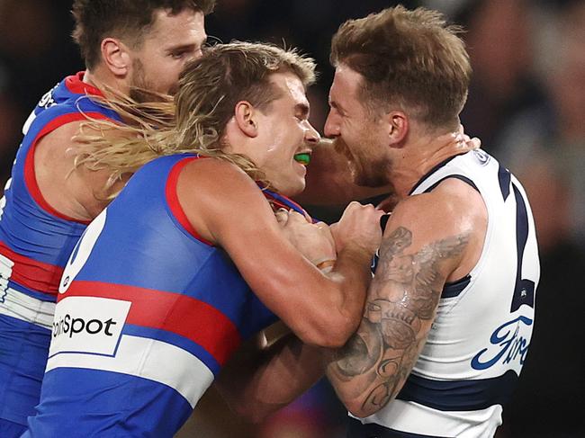 Bailey Smith was rubbed out for two weeks after headbutting Zach Tuohy during a scuffle in the Bulldogs’ loss to Geelong. Picture: Michael Klein