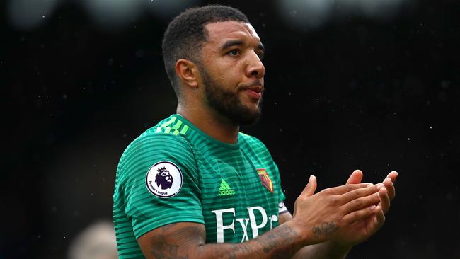 Troy Deeney applauds the Watford fans.